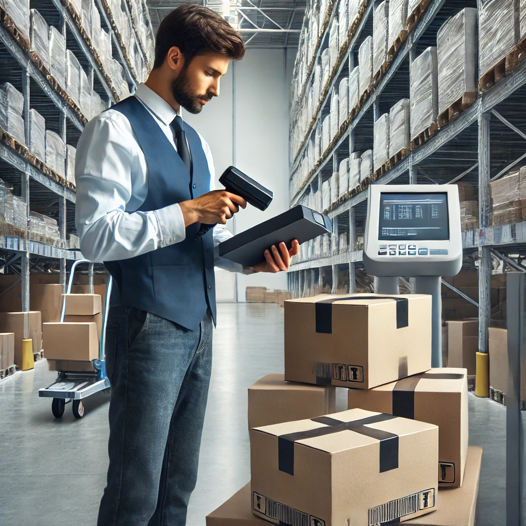 men scanning product