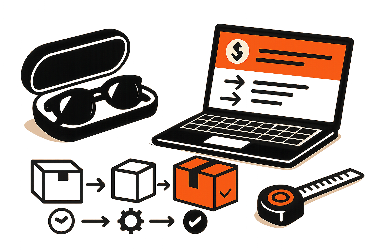 A professional workspace scene showing sunglasses in a protective case next to labeled parcel options, a measuring tape, and 